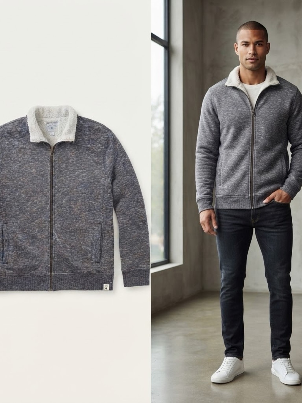 Lucky Brand Men's Gray Sherpa-Trim Zip Jacket Large
